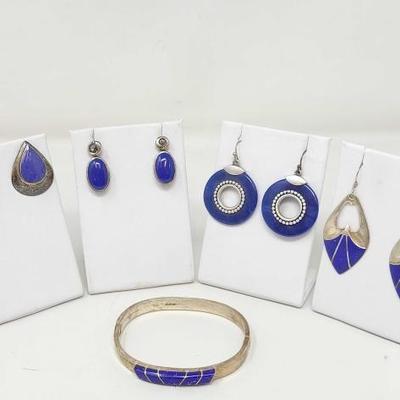 #488 â€¢ .925 Silver with Blue Stone Earrings & Bracelet, 61g

