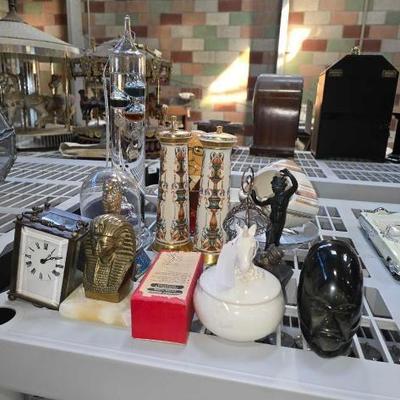 #3276 â€¢ Egyptian Art, Clock, Russian Nesting Doll, Galileo Glass Thermometer
