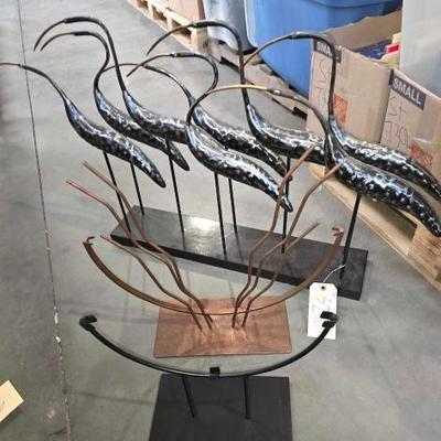 #3290 â€¢ Metal Sculpture and (2) Metal Decorative Display Stands
