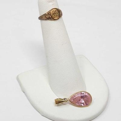 #434 â€¢ 10k Gold Signet Ring & Pink Stone Gold Pendant, 2.7g

