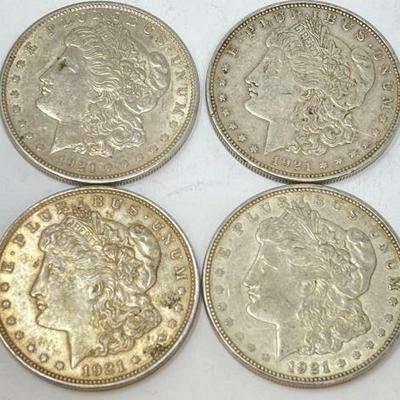 #618 â€¢ (4) 1921 Morgan Silver Dollars
