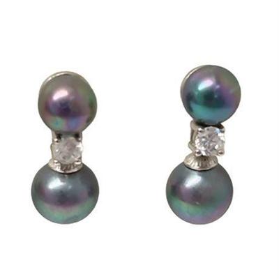 Lot 004  
Cultured 10 mm Peacock Pearl and Diamond Drop Earrings