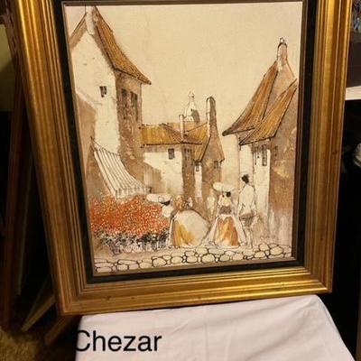 Rare Sand and oil Painting by listed artist  Boris Chezar 
part of his Flower market
