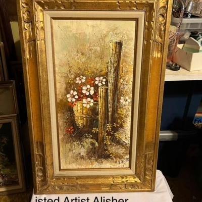 Listed artist Alisher signed Fall Flowers Vertical Painting