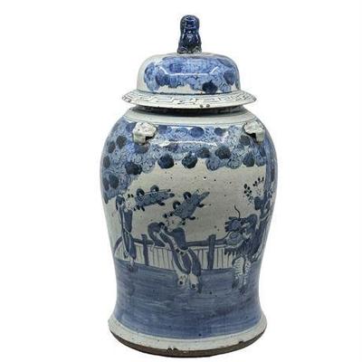 Lot 173  
19th C Reproduction Porcelain Lidded Blue and White Chinoiserie Ginger Jar,