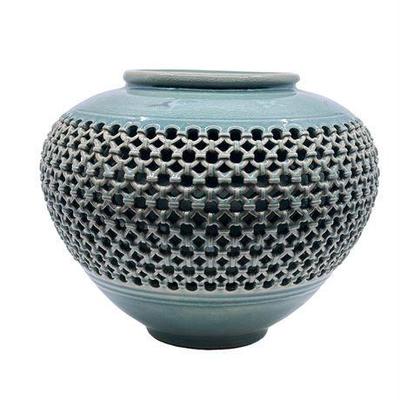 Lot 143  
Vintage Korean Celadon Double Walled Basketweave Crane Vase