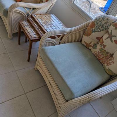 wicker/rattan chairs 
vintage tiled nestling tables 
