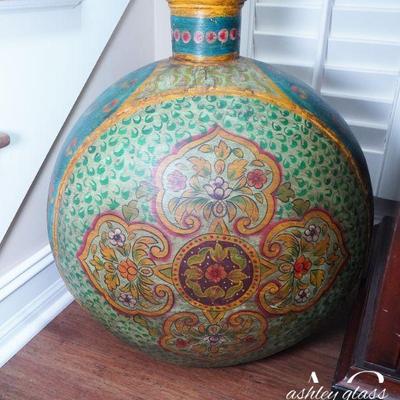Colorful large vase (green, red, gold) 24”h