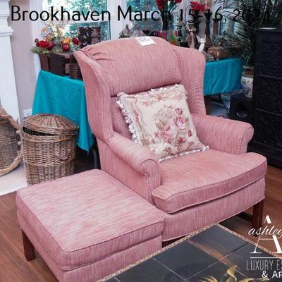 High back Pink Chair and Matching Ottoman (chair 42”h x 32” w x 35”d) (ottoman 16”h x 25” w x 19”l)