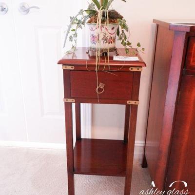 Dark wood side table with drawer (30â€ h x 14â€ w x 14â€ d)