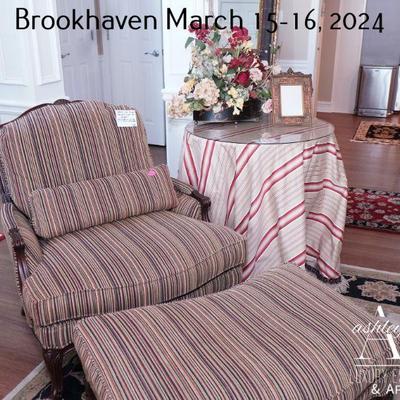 CHAIR - Wesley Hall, Striped Bergere, chair, and ottoman (Chair 36”h x 33” w x 46d) 