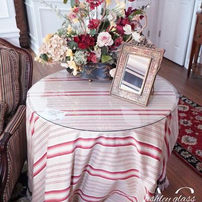 TABLE - Custom stripe covered accent table (30”h x 29” dia)