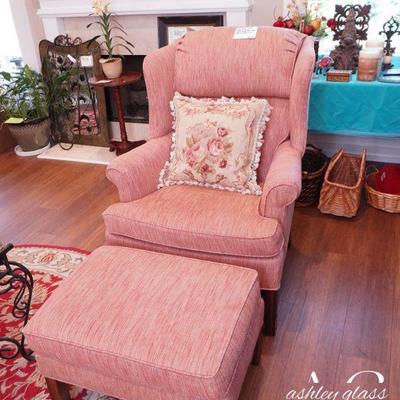 High back Pink Chair and Matching Ottoman (chair 42â€h x 32â€ w x 35â€d) (ottoman 16â€h x 25â€ w x 19â€l)