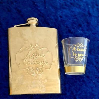 HGS085 Gold Metal Flask With Shot Glass