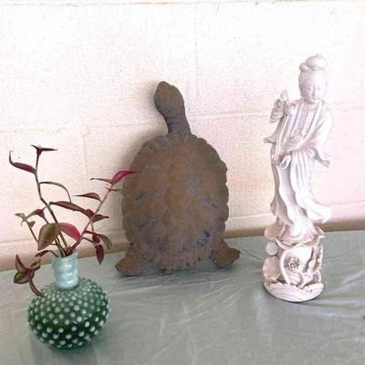 HGS143 Garden Turtle, Quan Yin, Vintage Bottle