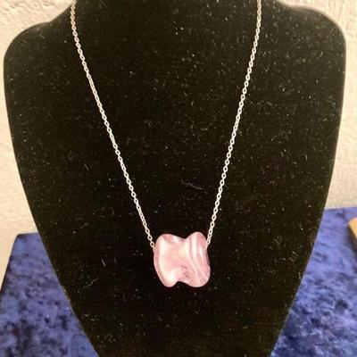 HGS077 Pink Glass SS Necklace 