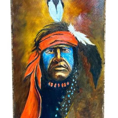 Native American Warrior Original Painting On Canvas - Signed DF
