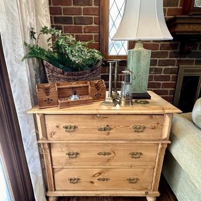 English Pine 3 drawer chest, Glazed Pottery lamp 