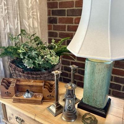 Glazed Pottery lamp, antique writing desk, brass decor