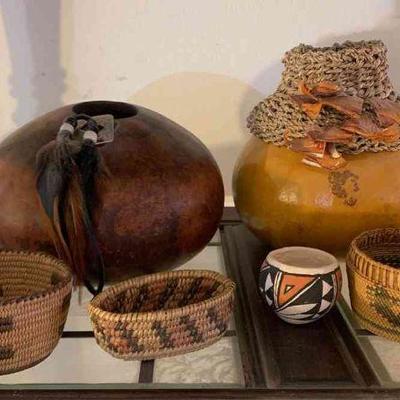 Native American baskets and gourd containers