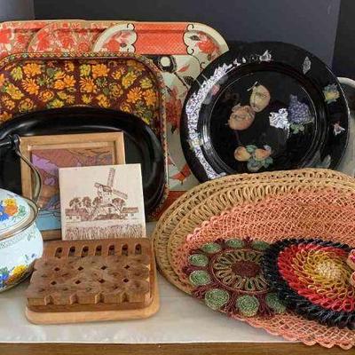 Vintage trays, trivets, and boho decor