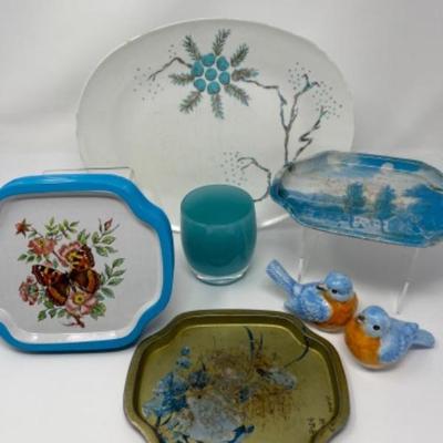 Vintage Blue tray, birds and Mountain Lake Glassybaby