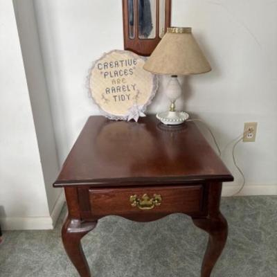 Wood side table, milk glass lamp and decor