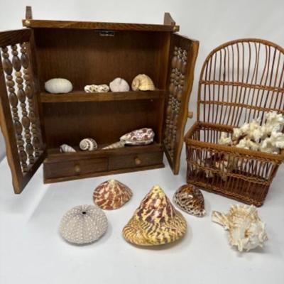 Vintage wall cabinet, basket and seashells