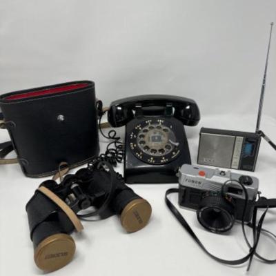 Assorted Vintage Items-Binoculars, Rotary Telephone, Camera, Radio