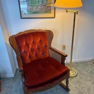 Vintage Velvet, caned chair with brass lamp and framed print