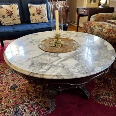 Vintage, 2nd quarter 20th century, Victorian revival style, round marble top coffee table with fanciful wood base 