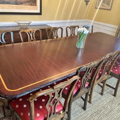 Mahogany Twin Pedestal Table - Two leaves - seats 12 (with Chippendale Style Chairs) Very good condition