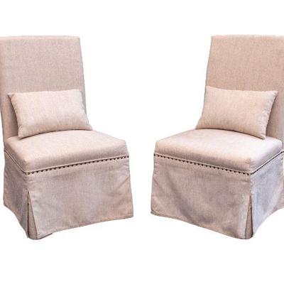 Pair Upholstered Rolling Parson Style Chairs with Nailheads
42â€H x 24â€W x 23â€D