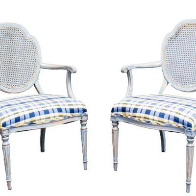 Pair Blue & Grey Caned Back Chairs
36.25â€H x 22â€W x 18â€D