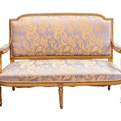 Late 19th Century French Louis XVI Style Giltwood Settee
41â€H x 57â€W x 28â€D