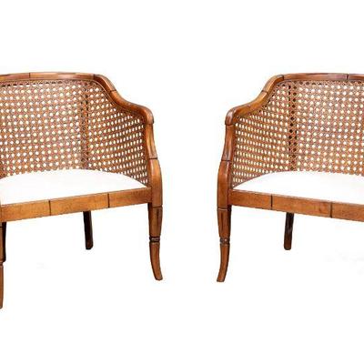Pair Mid-Century Caned Barrel Back Chairs 29.5â€H x 25â€W x 25â€D