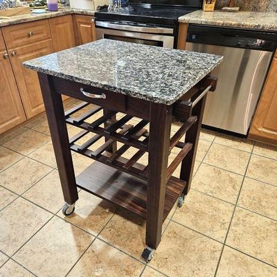 Rolling Wooden Kitchen Island with Granite Top, One Drawer, Hooks and Towel Rack w/ Locking Wheels