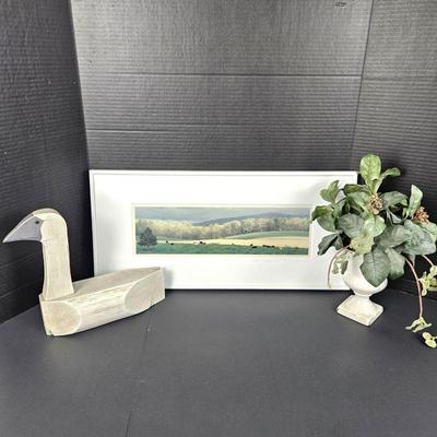 Framed & Signed Photograph of Cows in a Meadow, Plus Carved Duck (Also Signed) & White Planter