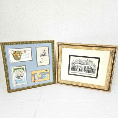 Display of Four Antique Post Cards from Early 1900s (Double Sided Frame) & Drawing of a House