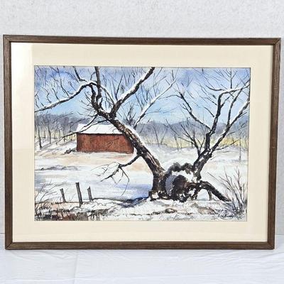 Framed Winter Landscape Watercolor Painting - Signed Artwork by E.W. Bixby 24