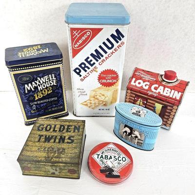 Assorted Vintage and Vintage Replica Tins, Log Cabin, Premium Saltines, Golden Twins Cigar Tin & More 