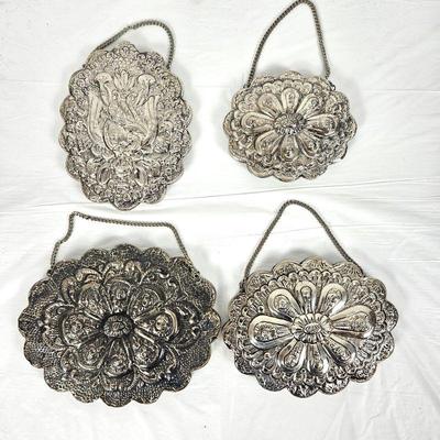 Lot of Four Small Ornate Silver Hanging Harem Wall Mirrors - Double Sided