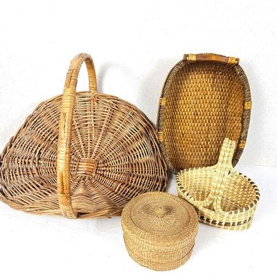 Four Unique Baskets in Assorted Sized Includes Asian Lidded Basket