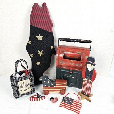 Lot of Americana in Red, White & Blue Theme - Rustic Mailbox & Assorted Decor