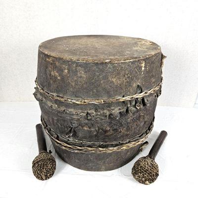 Cambodian Drum with Mallets - Antique Handcrafted Leather Drum Percussion Instrument