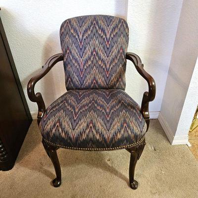 Hancock & Moore Vintage Wooden Armchair with Flamestitch Pattern Fabric and Brass Tack Accents - Solid Wood, Sturdy