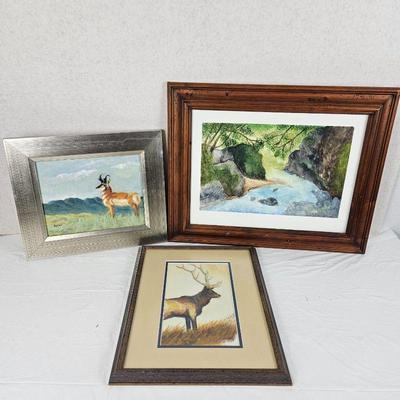 Set of Three Pieces of Wall Art, Two Watercolor and One Oil on Canvas- Wildlife and Landscape Theme