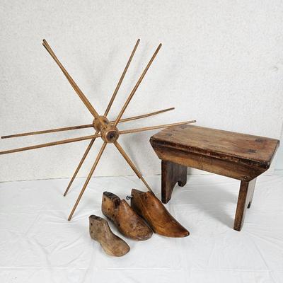 Vintage Primitives Lot - Three Antique Shoe Forms, Wooden Yarn Swift/Winder, and Small Wooden Stool