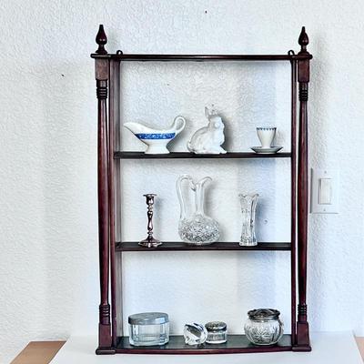 Antique Decorative Lot â€“ Porcelain, Crystal, Wooden Shelf, and More