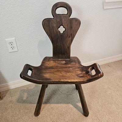 Antique Rustic Wooden Birthing Chair with Clover Cutout on Back and Side Handles